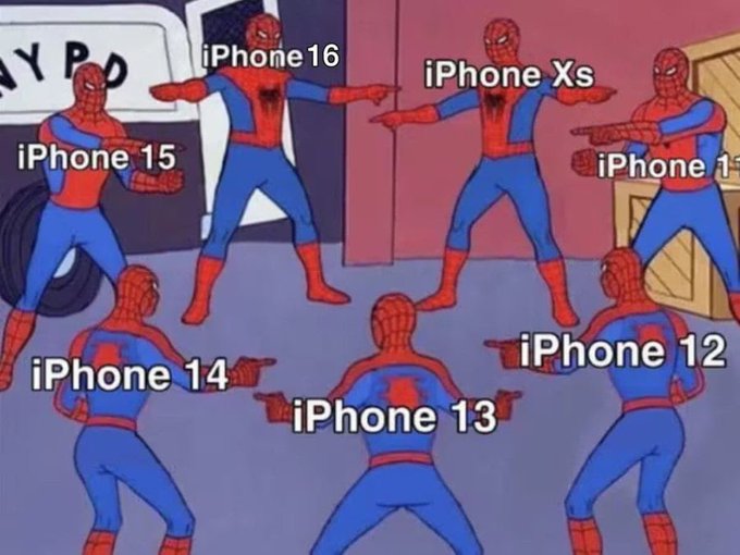 Varios Spider-Man iguales con la etiqueta de diversos modelos de iPhone señalándose entre ellos