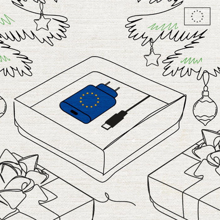 Ilustración en el estilo de una postal navideña en la que sale un cargador USB-C azul con la bandera de la UE dentro de una caja de regalo