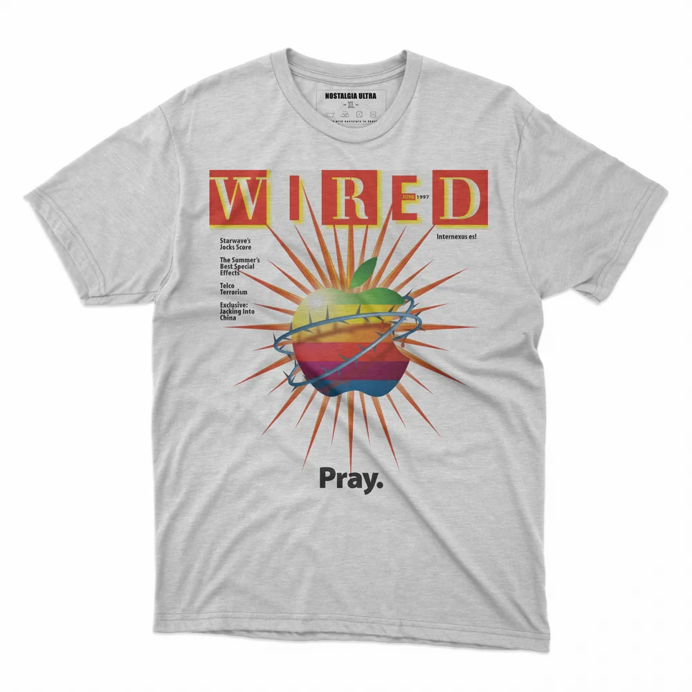 La nostálgica camiseta de Wired con el logotipo de Apple sufriendo un camino de penitencia