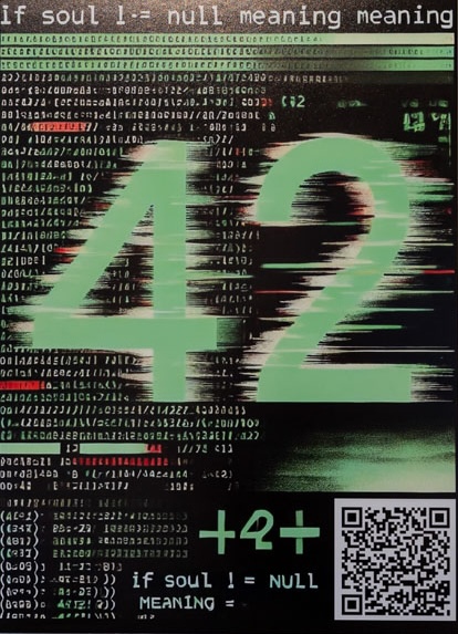Un póster con un gran 42, algo de código, o algo parecido, y un QR que enlaza con la IA