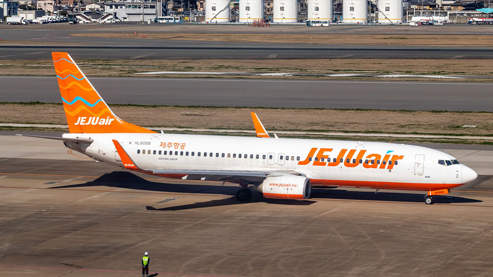 El avión visto desde su lado izquierdo con el tren y los flaps fuera, listo para aterrizar, con un cielo gris de fondo