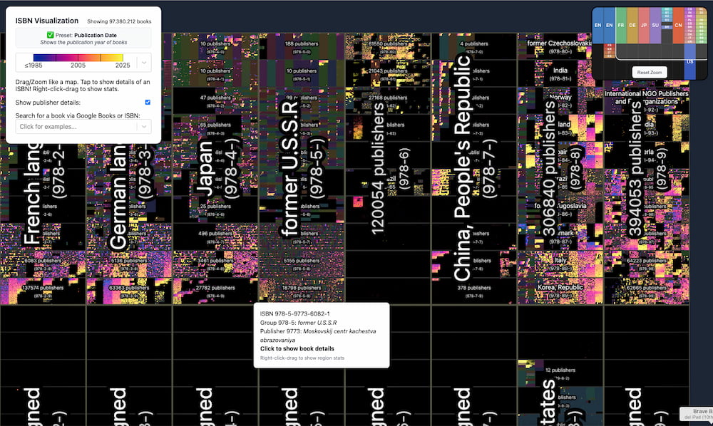 Todos los libros del mundo (más o menos) en una gigantesca biblioteca: una visualización de todos los ISBN