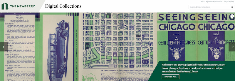 Portada de las colecciones digitales de Newberry, antigüedades para ver y descargar, con un mapa de Chicago