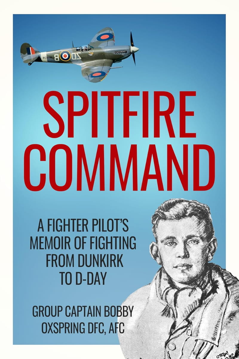 Portada del libro el retrato del autor dibujado por Cuthbert Orde en primer plano y un Spitfire en vuelo en la parte superior izquierda