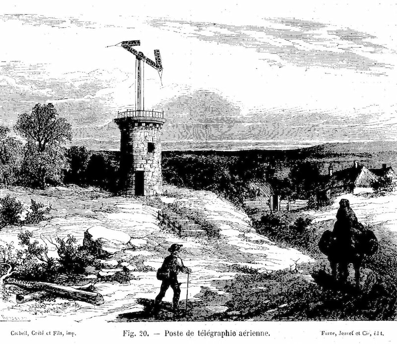 Grabado de un telégrafo óptico de Chappe / «Les merveilles de la science», Louis Figuier, 1868