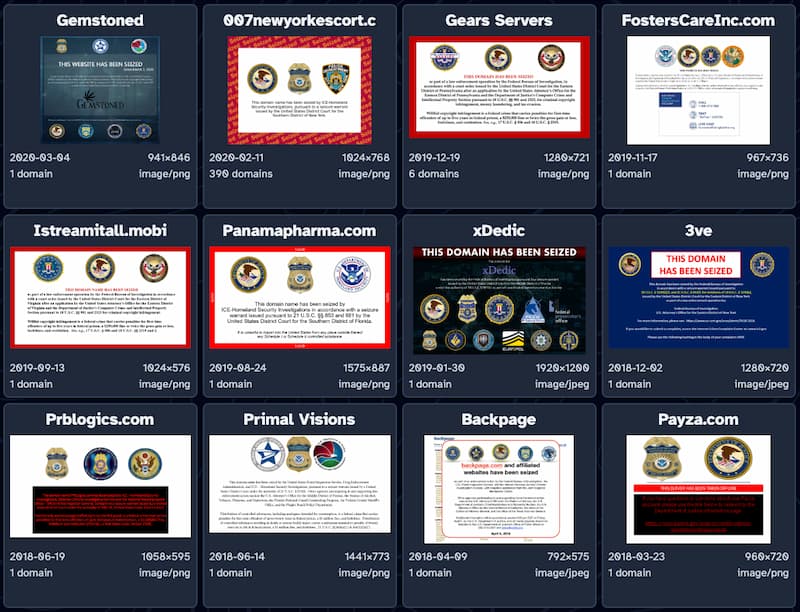 La colección definitiva de webs ilegales caídas en combate. No es el Salón de la Fama, pero al menos tiene bonitos logos del Departamento de Justicia y todo tipo de agencias