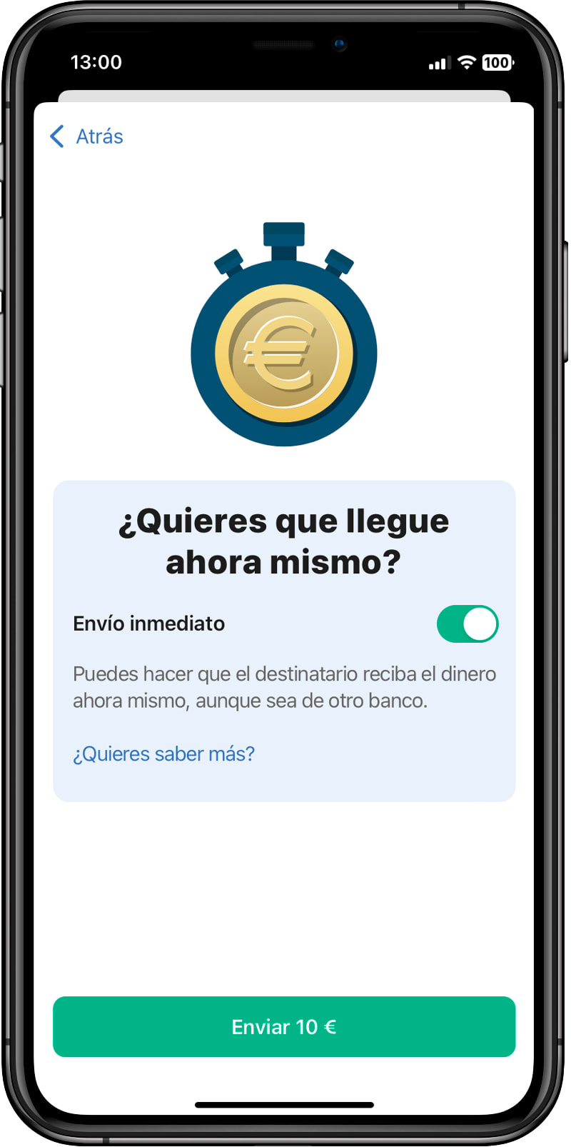 Imagen de un móvil con la opción de enviar una transferencia bancaria inmediata gratuita en pantalla