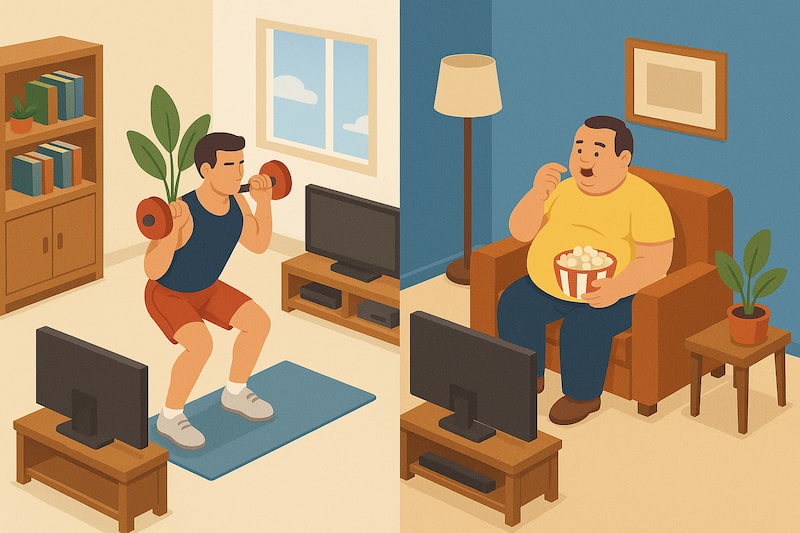 Una persona en buena forma física haciendo ejercicio frente a una sedentaria comiendo palomitas y viendo el último episodio de «The Last of Us» / GPT-4o