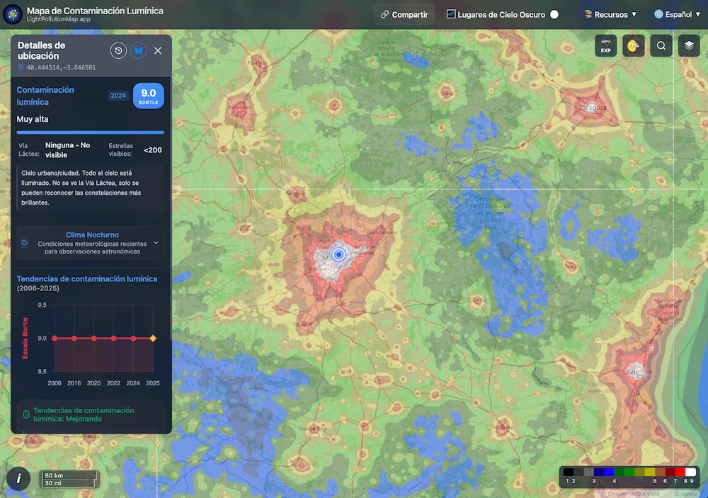 El futuro es oscuro: un mapa de la contaminación lumínica con la escala Bortle