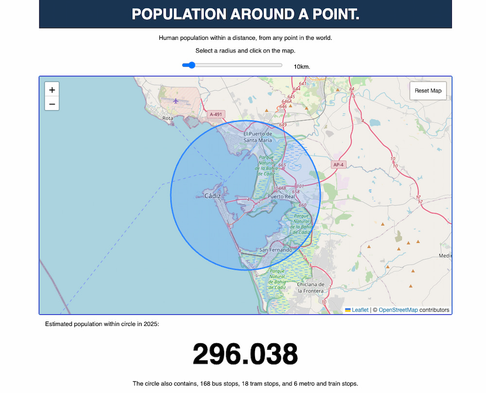 Mapa de Cádiz y alrededores / Una exploración de cuánta gente vive alrededor de un punto en el mapa
