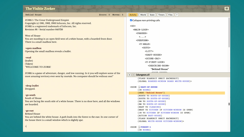 Una herramienta interactiva para jugar al clásico Zork I mientras se ver el código fuente funcionando