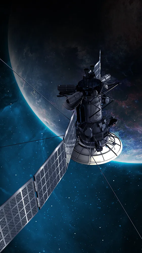 Un satélite en el espacio con la Tierra al fondo