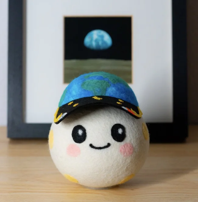El peluche fotografiado delante de una copia enmarcada de la fotografía en la que está inspirado