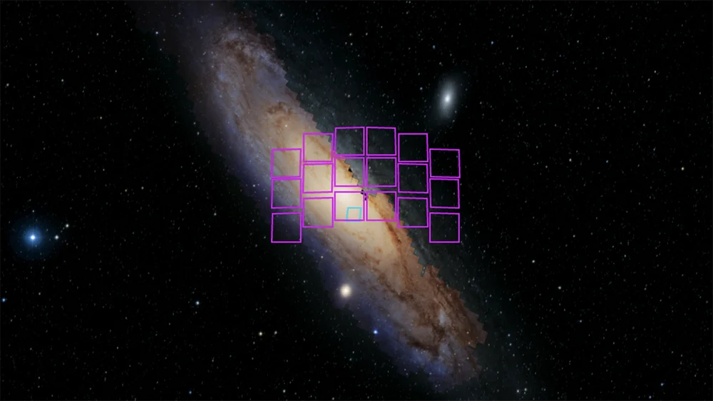 Imagen de Andromeda con los campos de vista del Roman y del Hubble superpuestos