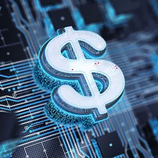 Un símbolo de dolar flotando sobre un circuito impreso; ambos en tonos azulados