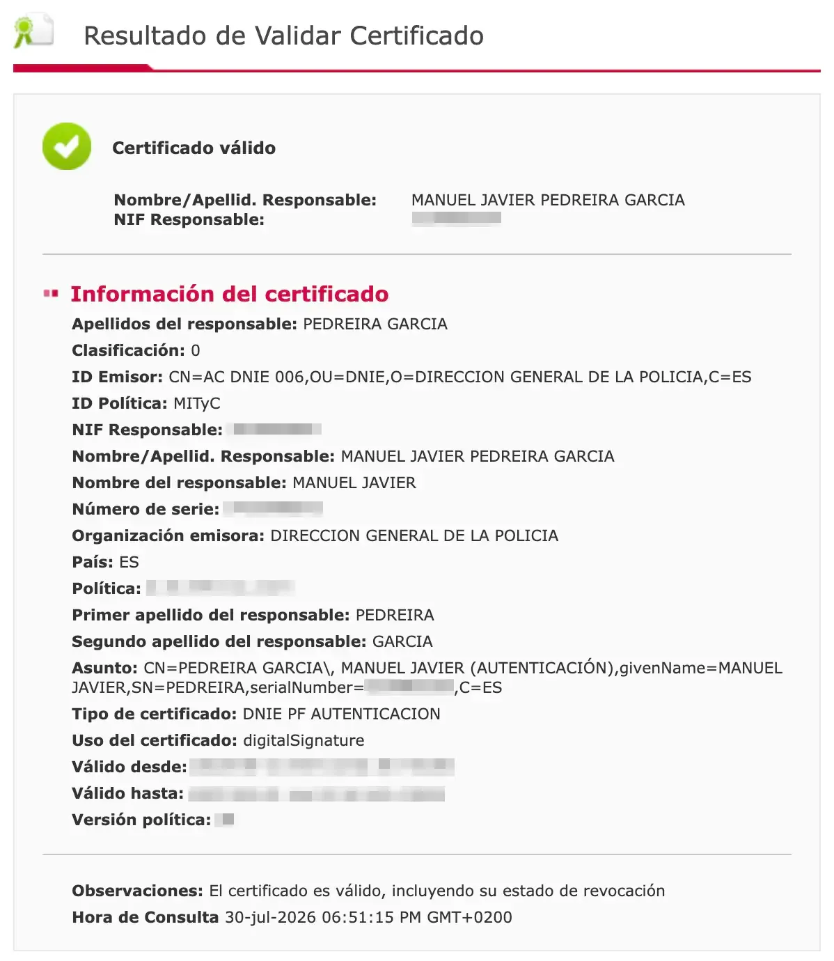 Captura de pantalla del mensaje de que mi DNIe funciona correctamente