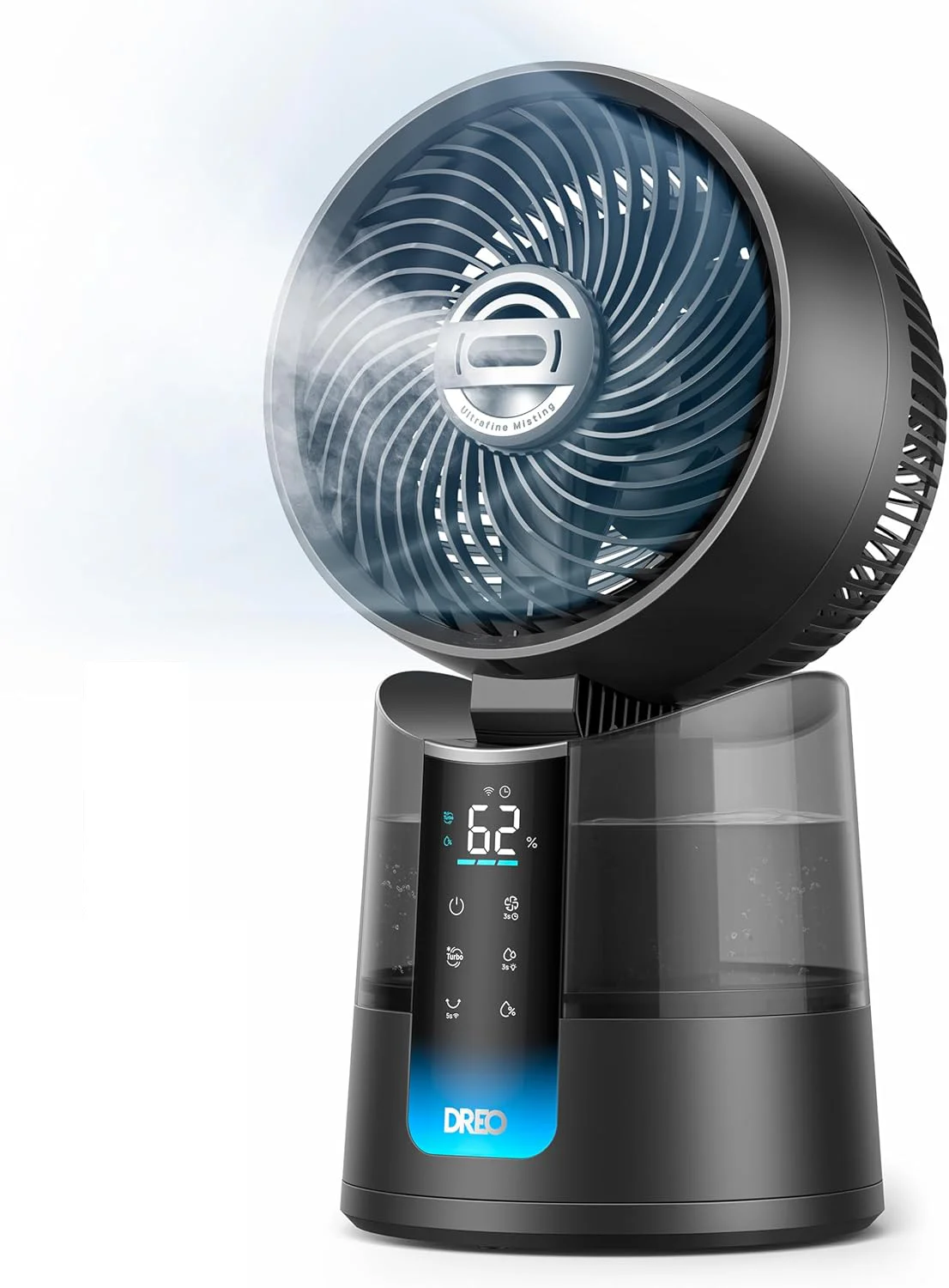 Foto de producto del ventilador con el nebulizador en marcha