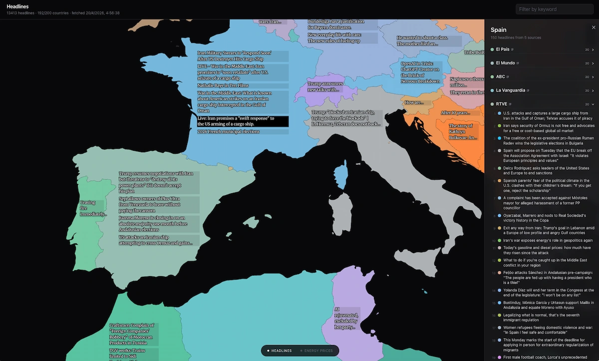 Un mapa de los titulares de las noticias de la actualidad en cada país del mundo (192 y contando)