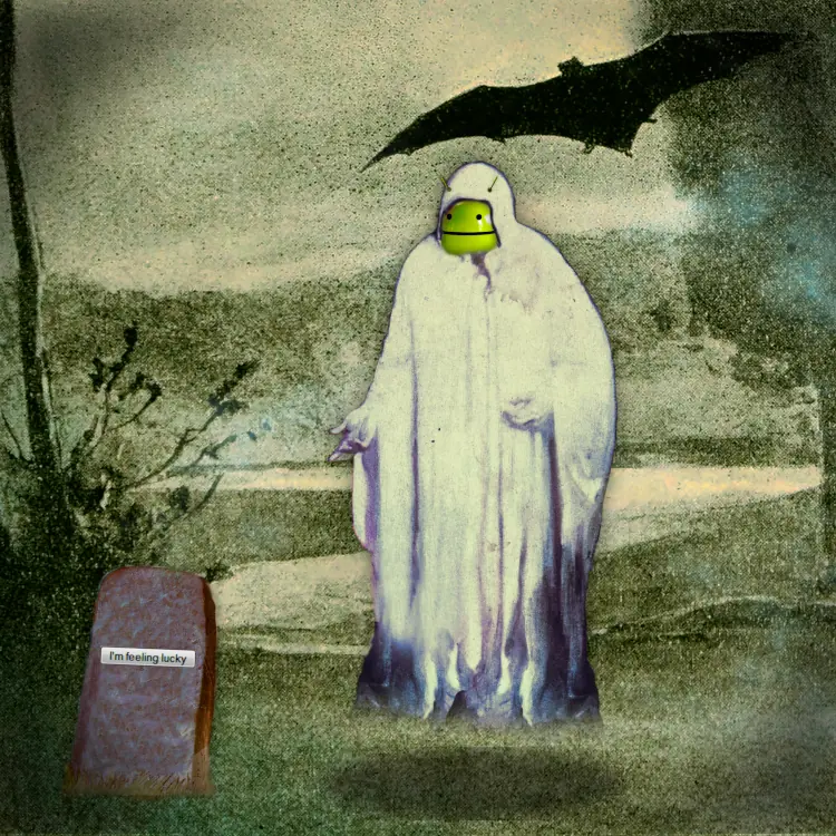 Un cementerio embrujado junto a un lago, con un murciélago volando sobre él. Un fantasma envuelto en un sudario flota sobre la escena; su rostro es el del androide de Google. La única lápida, que se inclina hacia un lado, reza: «Me siento afortunado»