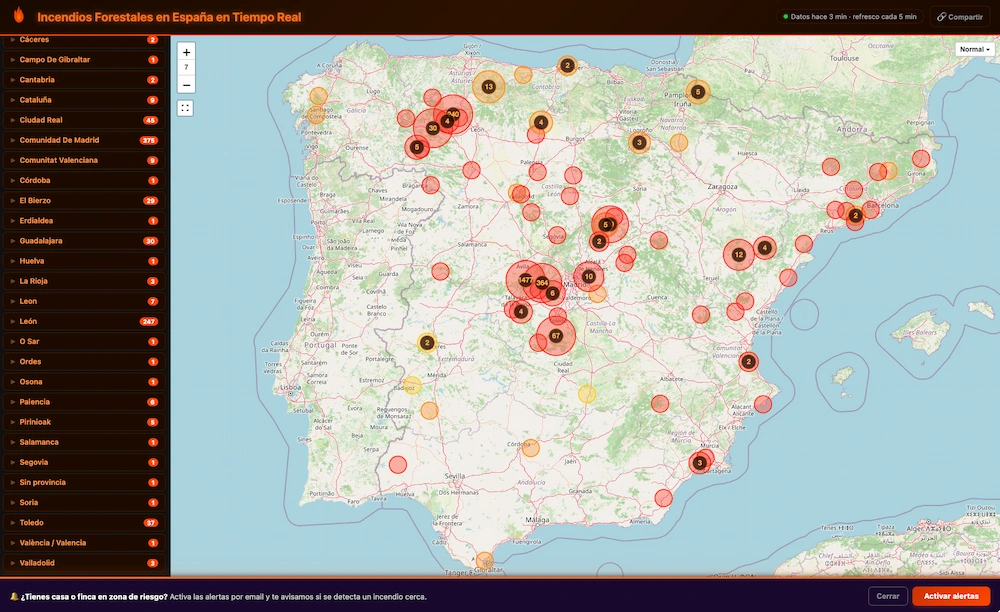 IncendiosEspaña.es muestra datos oficiales y de satélites en un mapa que se actualiza cada 5 minutos