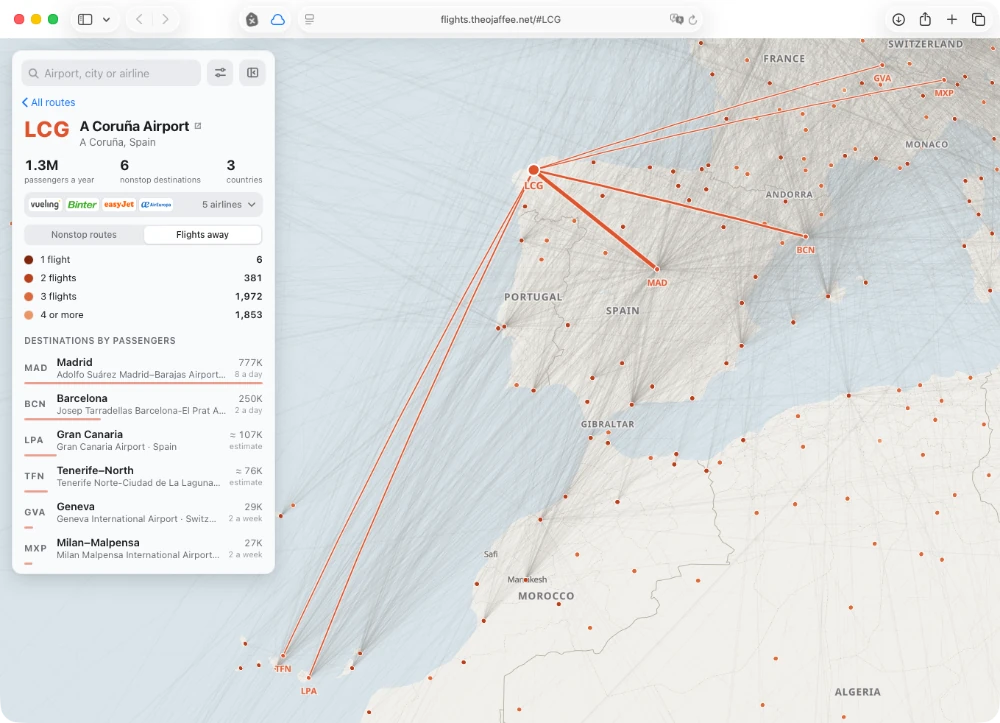¿A dónde quieres ir hoy? Captura de pantalla mostrando las rutas desde A Coruña