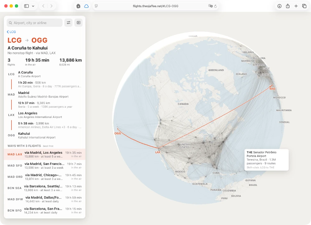 Pues ya son kilómetros Captura de pantalla mostrando las formas de llegar a Maui desde A Coruña