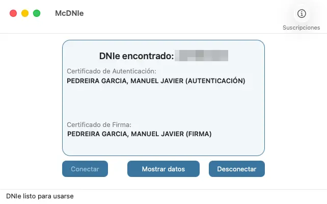Captura de pantalla del mensaje de que mi DNIe funciona correctamente