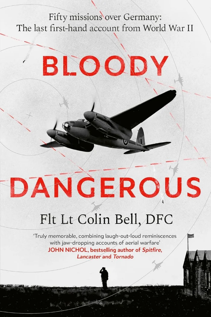 Portada del libro con un Mosquito en vuelo en la parte superior central y parte de una base de la RAF en la parte inferior 