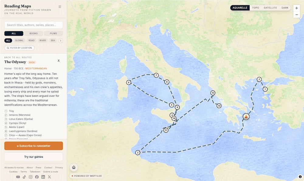 Los viajes de los libros y películas, convertidos en mapas interactivos