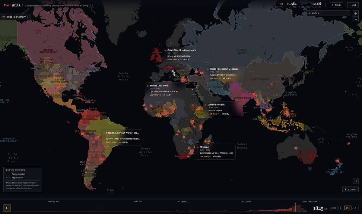 War Atlas es un mapa interactivo de todas las guerras de la historia de la humanidad, que no son pocas (unas 10.584, más o menos) War Atlas es un mapa interactivo de todas las guerras de la historia de la humanidad, que no son pocas (unas 10.584, más o menos)