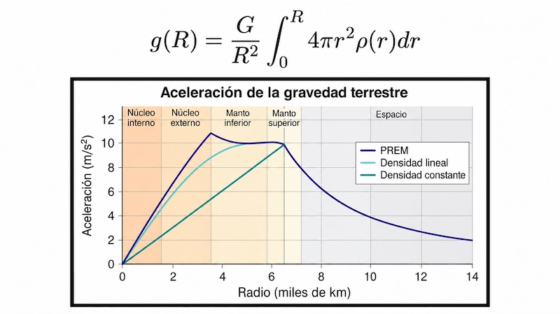 Aceleración de la gravedad terrestre según la distancia al centro de la Tierra / Basado en una imagen de Fermat's Library Aceleración de la gravedad terrestre según la distancia al centro de la Tierra / Basado en una imagen de Fermat's Library