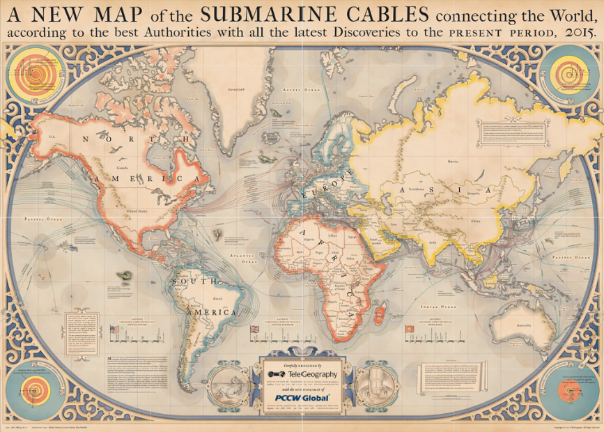 Mapa de los cables submarinos del mundo, versión 2015 / Telegeography