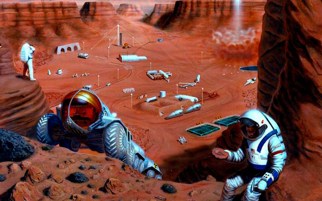 Mars Humans Exploration Art Astronauts Outpost Volcano